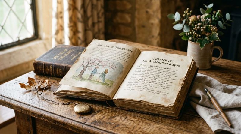 Open storybook on a wooden table, symbolising attachment and learned stories about love