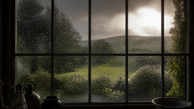 A window with rain on the glass and sunlight breaking through over a green garden
