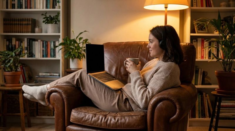 Parent sitting in comfortable armchair at home with laptop, attending online therapy session