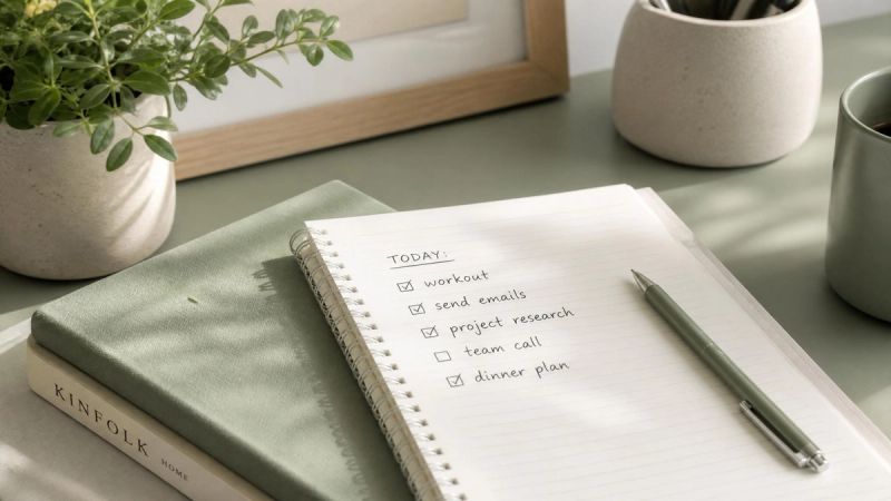 A checklist notebook and pen on a calm desk, representing the first steps to start online therapy