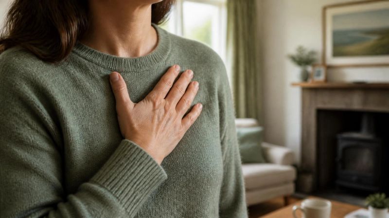 Close-up of a person's hand pressed against their chest, suggesting a racing heart during a sudden fear response