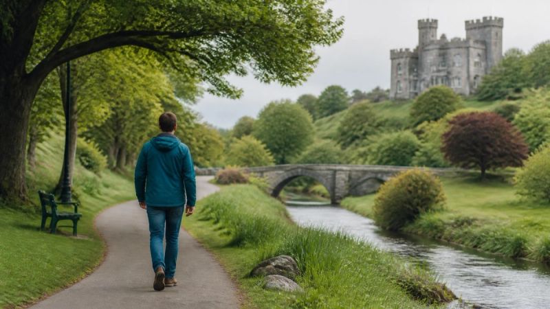 A person walking through a green Irish park on a mild day, alone and at ease
