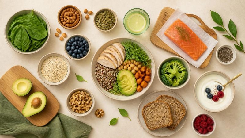 A calm, abstract arrangement of different foods on a neutral surface, representing variety and balance