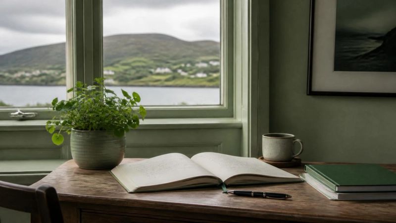 An open notebook and a pen on a desk beside a window, with a plant, suggesting reflection