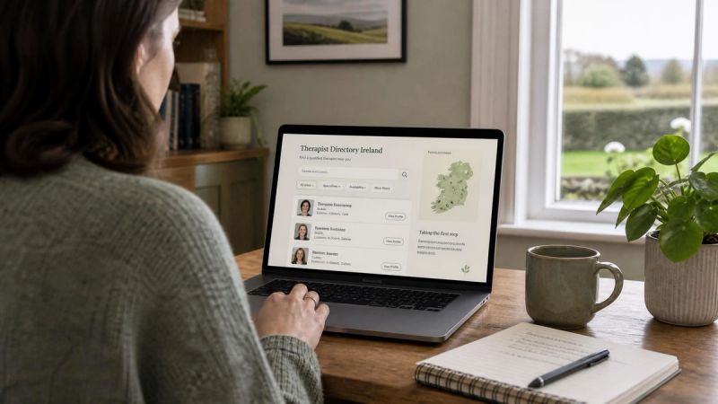 A person searching for an accredited therapist on a laptop at home in Ireland