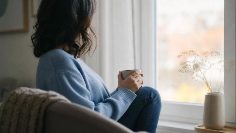 A person sitting alone by a window looking thoughtful, soft natural light, calm and non-distressing