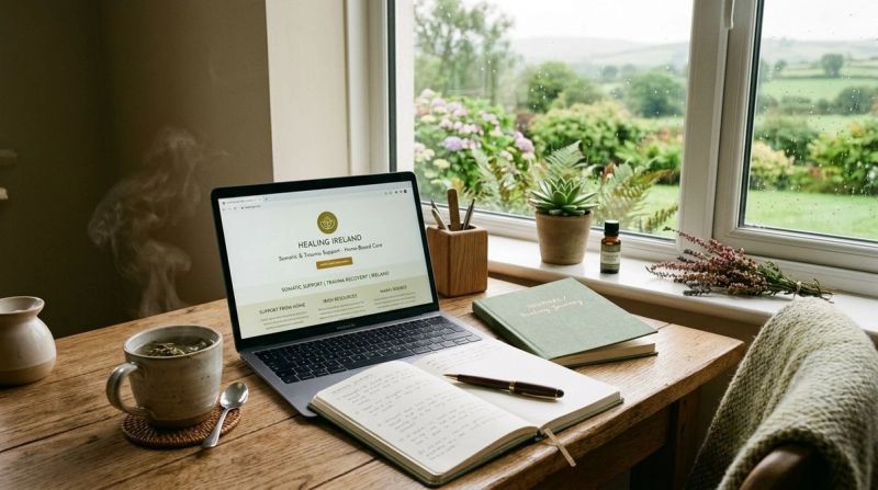 Laptop and tea on a wooden desk, symbolising online somatic trauma support in Ireland