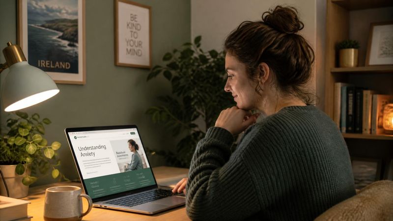 A person reading mental health information on a laptop at home