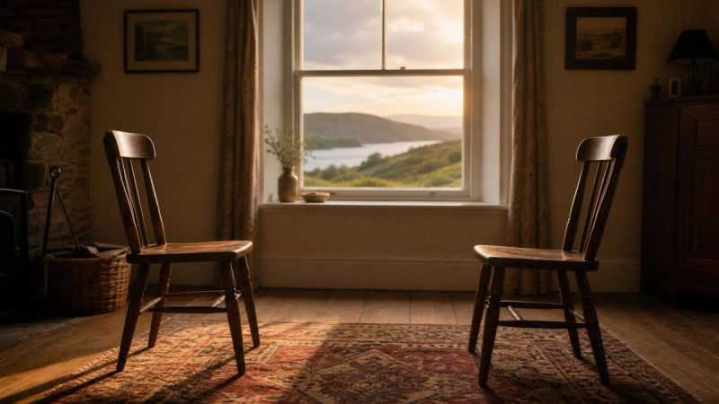 Two empty chairs facing each other in a softly lit room