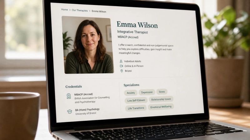 A laptop screen showing a therapist profile page with credentials, clean modern interface