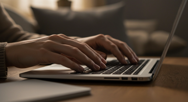 Hands typing on laptop keyboard in comfortable home setting