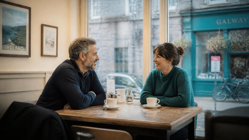 Two people talking over coffee at a bright café table, seen from a respectful distance