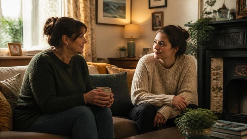 Two people having a supportive conversation on a sofa