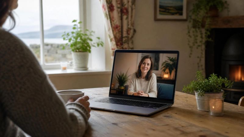 A calm online therapy session on a laptop in a cosy Irish home