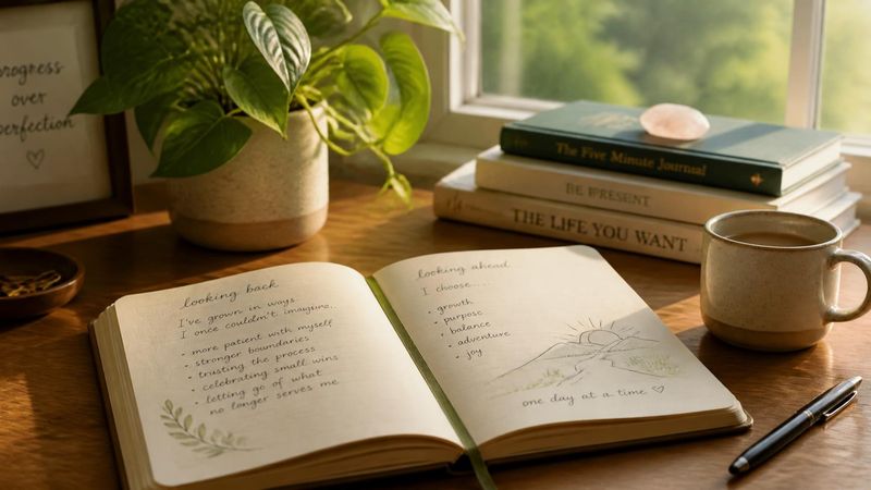 A journal with a growing plant, representing progress and growth over time