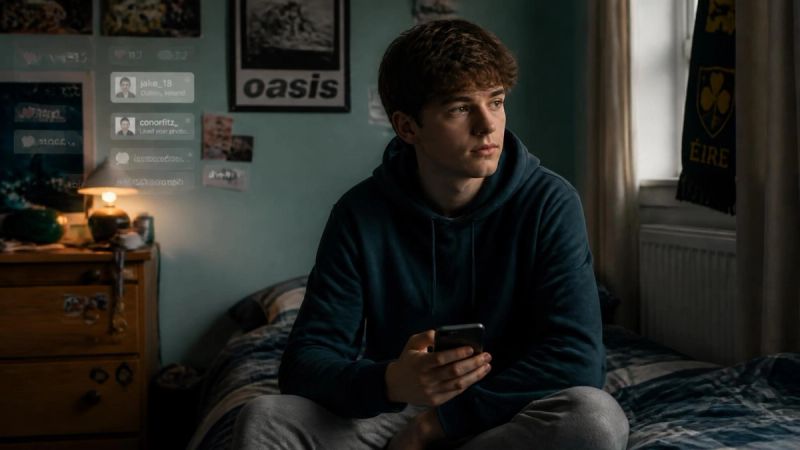 A young person looking at their phone in a bedroom, representing social media and cultural pressures