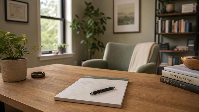 A calm consultation desk with a notepad and pen, representing a clinical OCD assessment