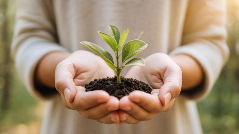 Two open hands holding a small green plant, representing choice and growth