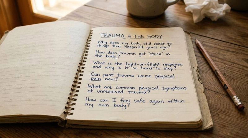 Open notebook with questions, representing FAQs about trauma and the body