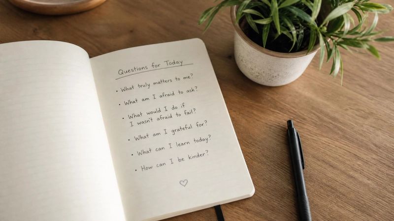 An open notebook with handwritten questions on a clean desk, representing frequently asked questions about workplace loneliness
