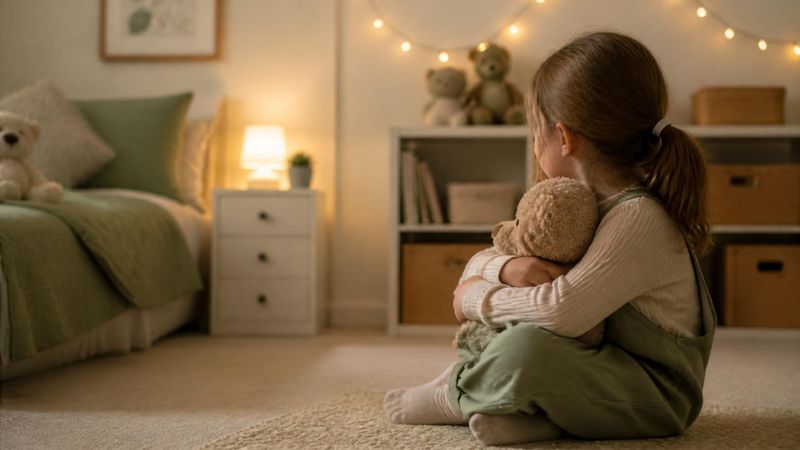 A child sitting on the floor with toys, looking uncertain, representing childhood fear