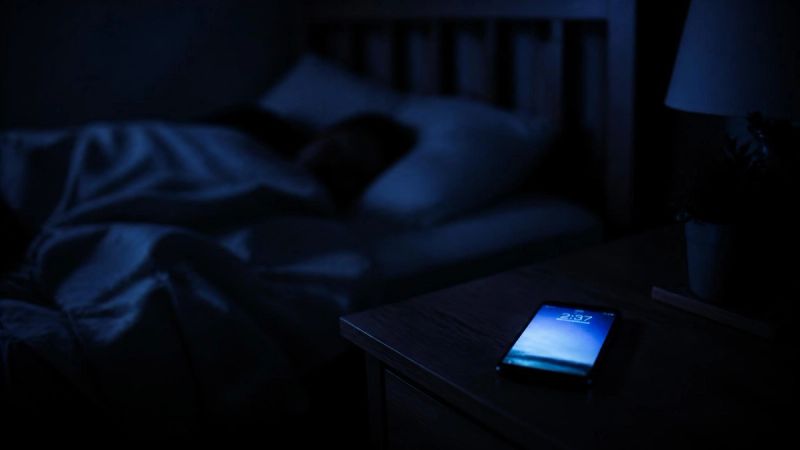 A dark bedroom with a glowing phone on the nightstand