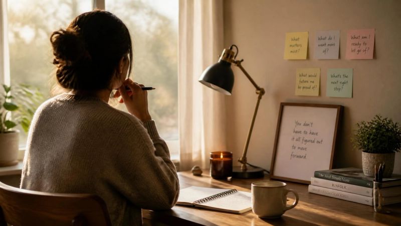 A person sitting thoughtfully with a notebook, representing uncertainty and reflection