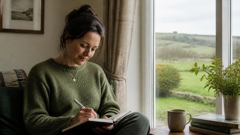 A person sitting by a window with a notebook, gently writing their thoughts