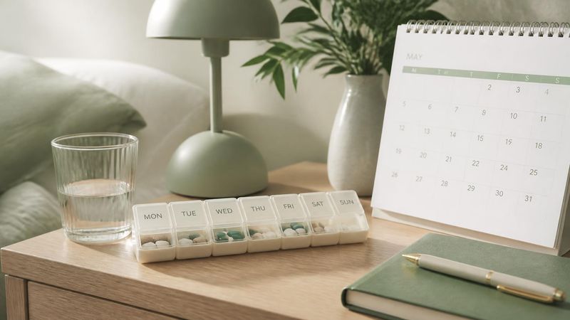 A small calendar and pill organiser on a bedside table, representing starting HRT treatment