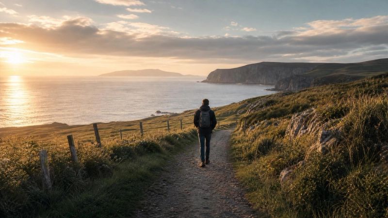 A person walking along a calm Irish coastal path toward the horizon, representing hope and support for OCD