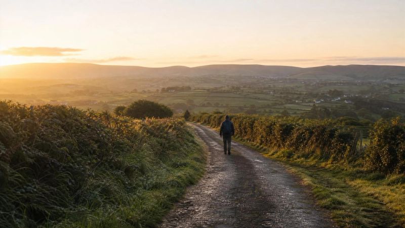 A person walking along a peaceful Irish path at dawn, representing making online therapy work