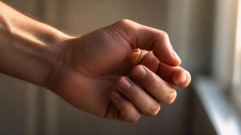 A close-up of a clenched fist slowly relaxing, representing anger as a feeling