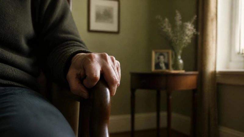 A close-up of a person's hand gripping a chair arm, showing tension during a fear response