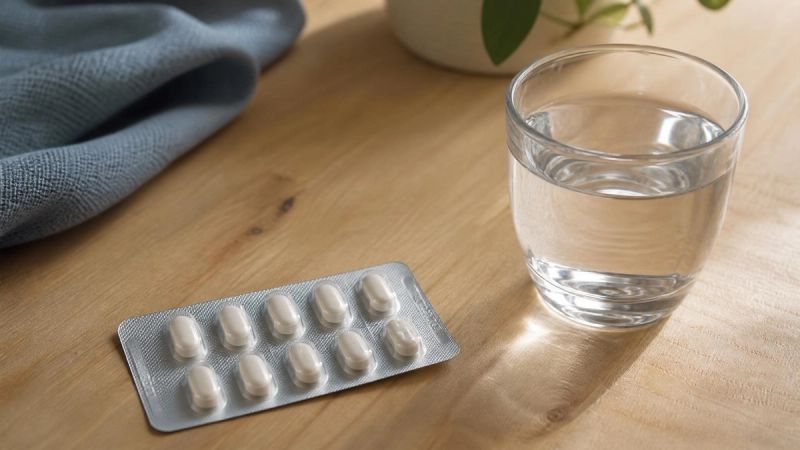 A close-up of a medicine blister pack and a glass of water on a wooden table, representing stimulant ADHD medication.
