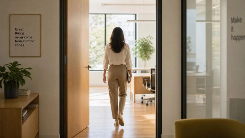 A person walking through a modern office doorway into a brighter space, symbolising taking the next step forward