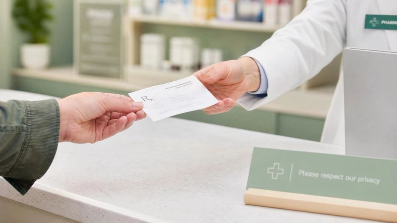 A person handing a prescription to a pharmacist across a counter in an Irish pharmacy.