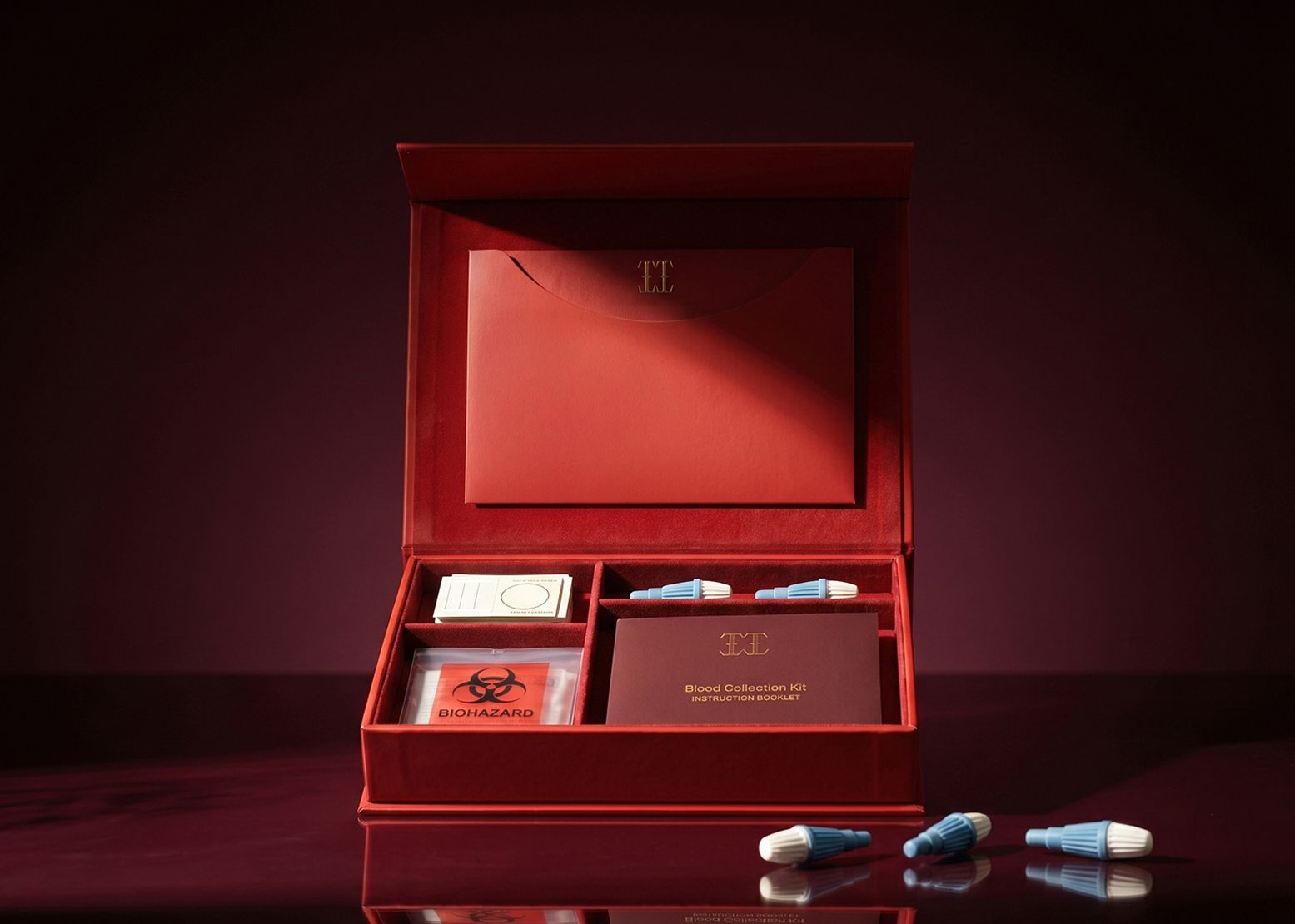 An open red Cellular Insights test kit