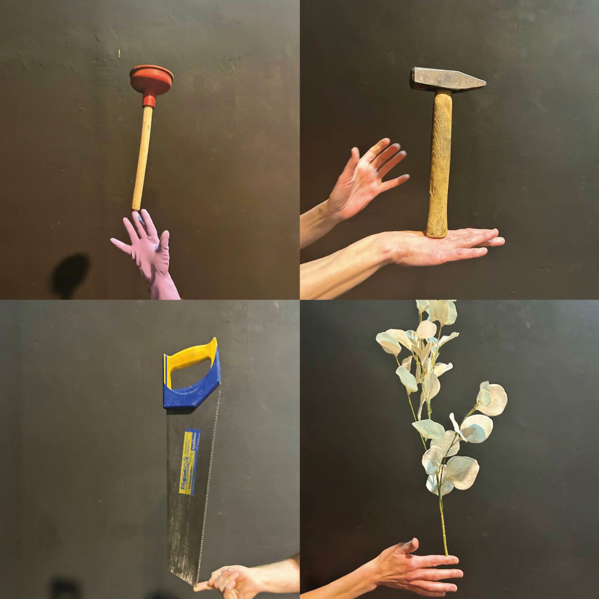 Collage aus Fotos, auf denen jeweils eine Hand zu sehen ist, die einen Gegenstand (z. B. Hammer, Säge, Blumen) balanciert
