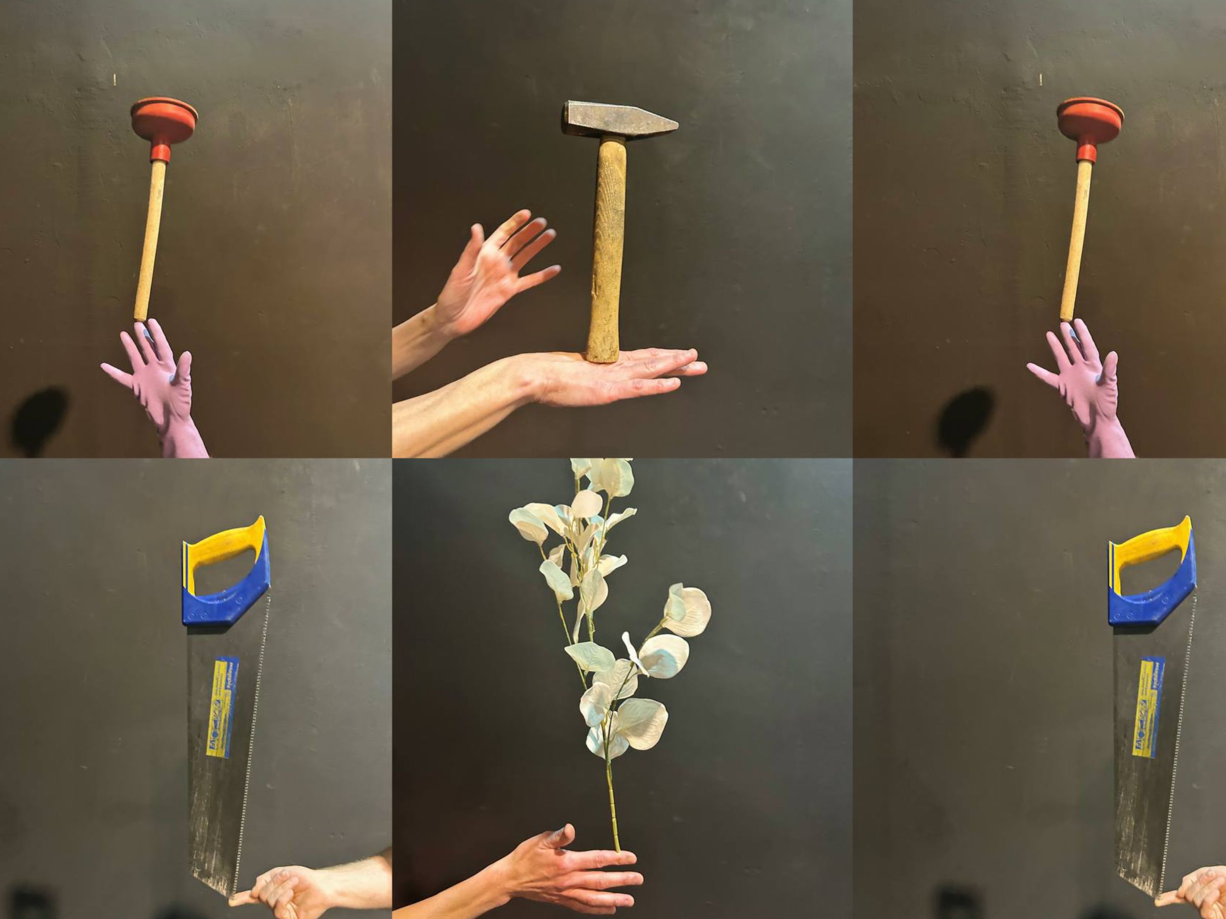 Collage aus Fotos, auf denen jeweils eine Hand zu sehen ist, die einen Gegenstand (z. B. Hammer, Säge, Blumen) balanciert