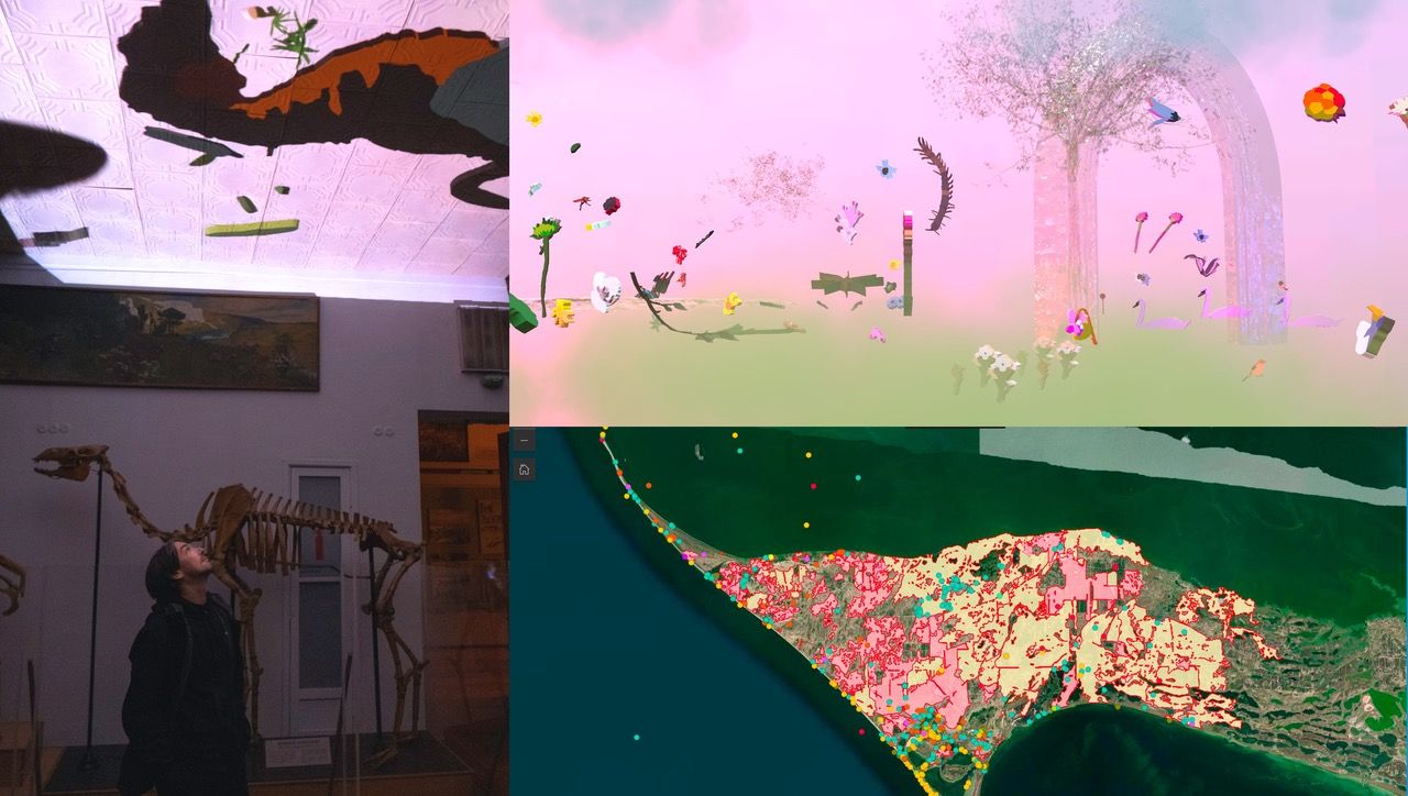 Collage aus verschiedenen Bildern, links unten eine Person, die ein Dinoskelett anschaut, rechts unten eine Landkarte, oben zwei Bilder