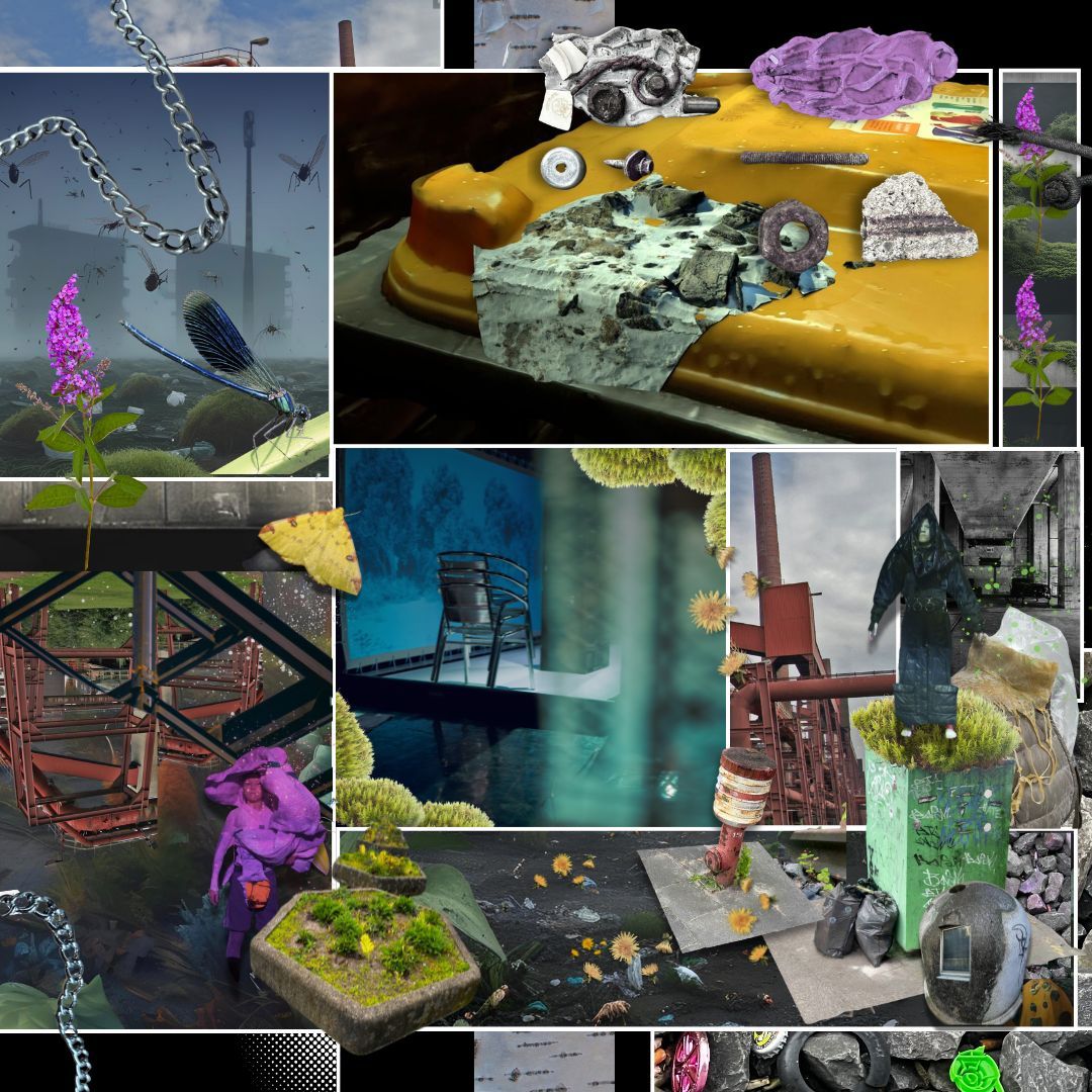 Eine Collage, die aus verschiedenen computergenerierten Szenen besteht. Fundobjekte und Industrieorte befüllen das Bild.