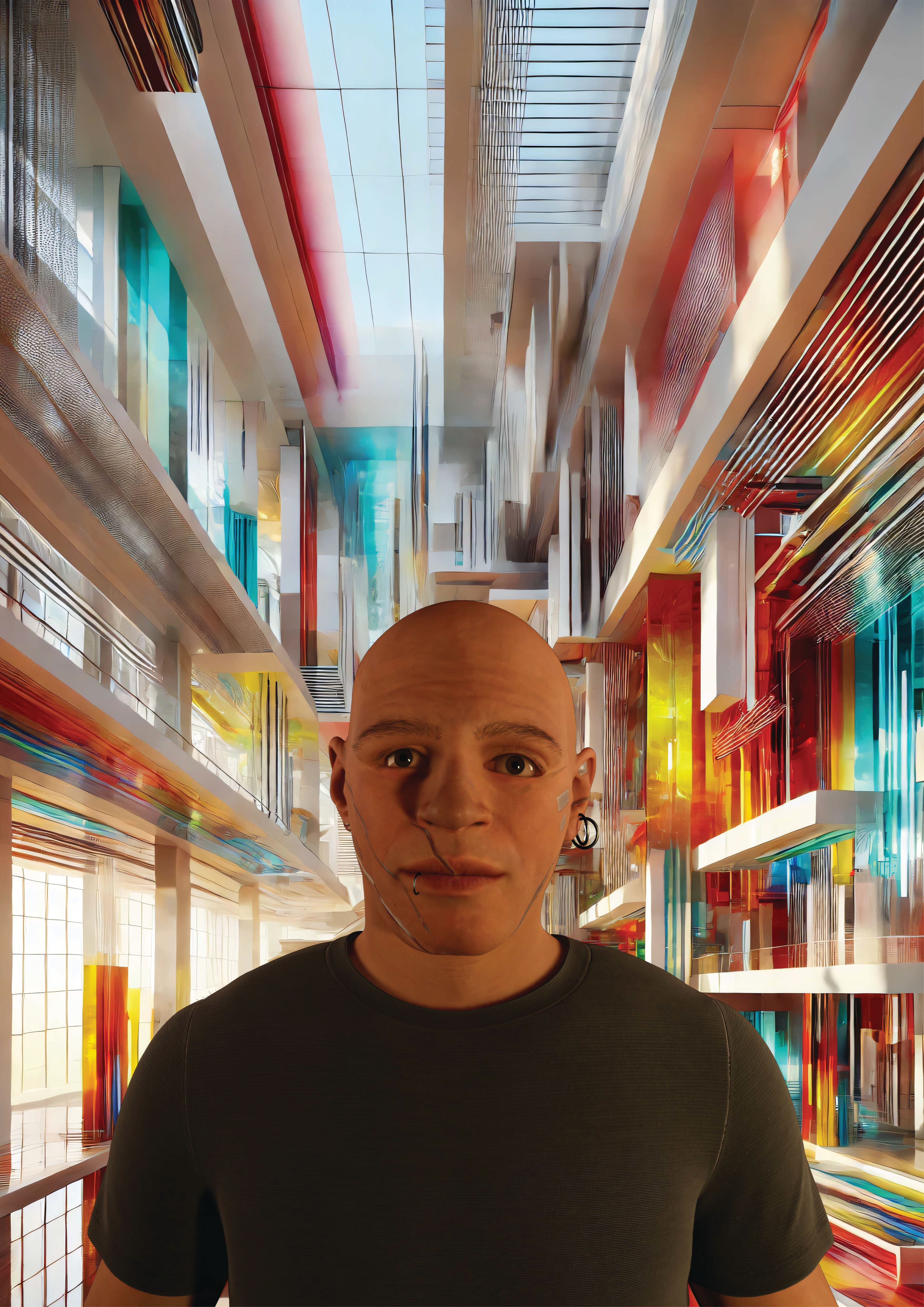 You can see a person created by AI. The person is standing in front of a surreal background.