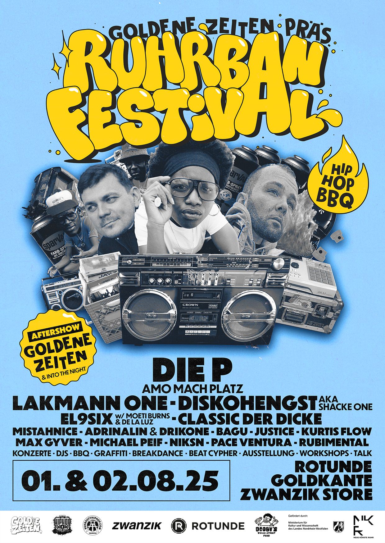 blue poster with the programme in large yellow lettering