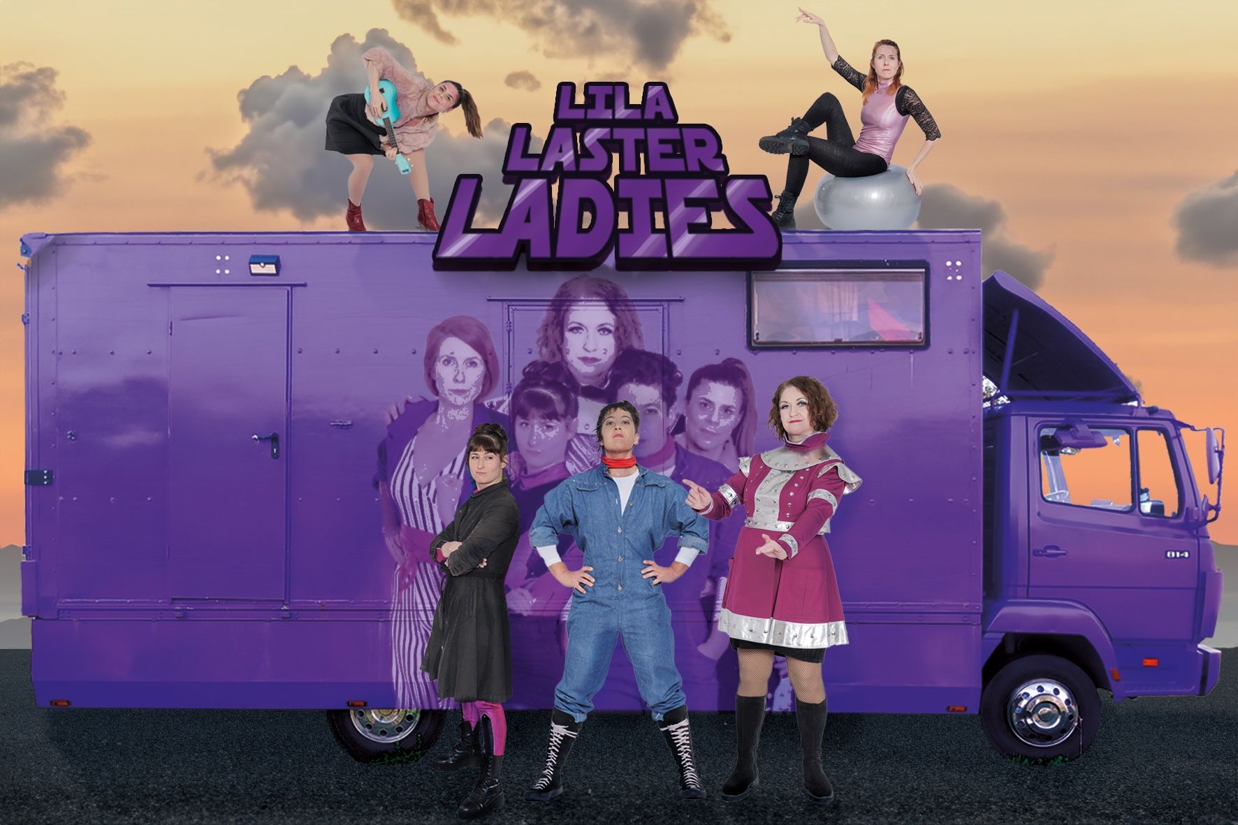 You can see a group of women* in front of a purple truck.