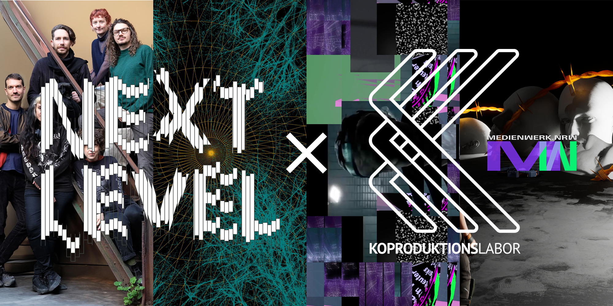 The picture shows four different pictures vertical next to each other in the background. In the front are the logos of the KoLab, the Next Level Festival and the medienwerk.nrw.