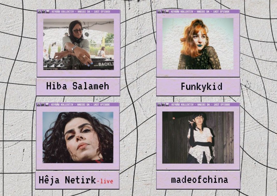 The image shows the title of the event “Habibi Da” in bright yellow lettering on a gray gray background with a black grid. Below it are four different acts with photos, each labeled with the name of the act.