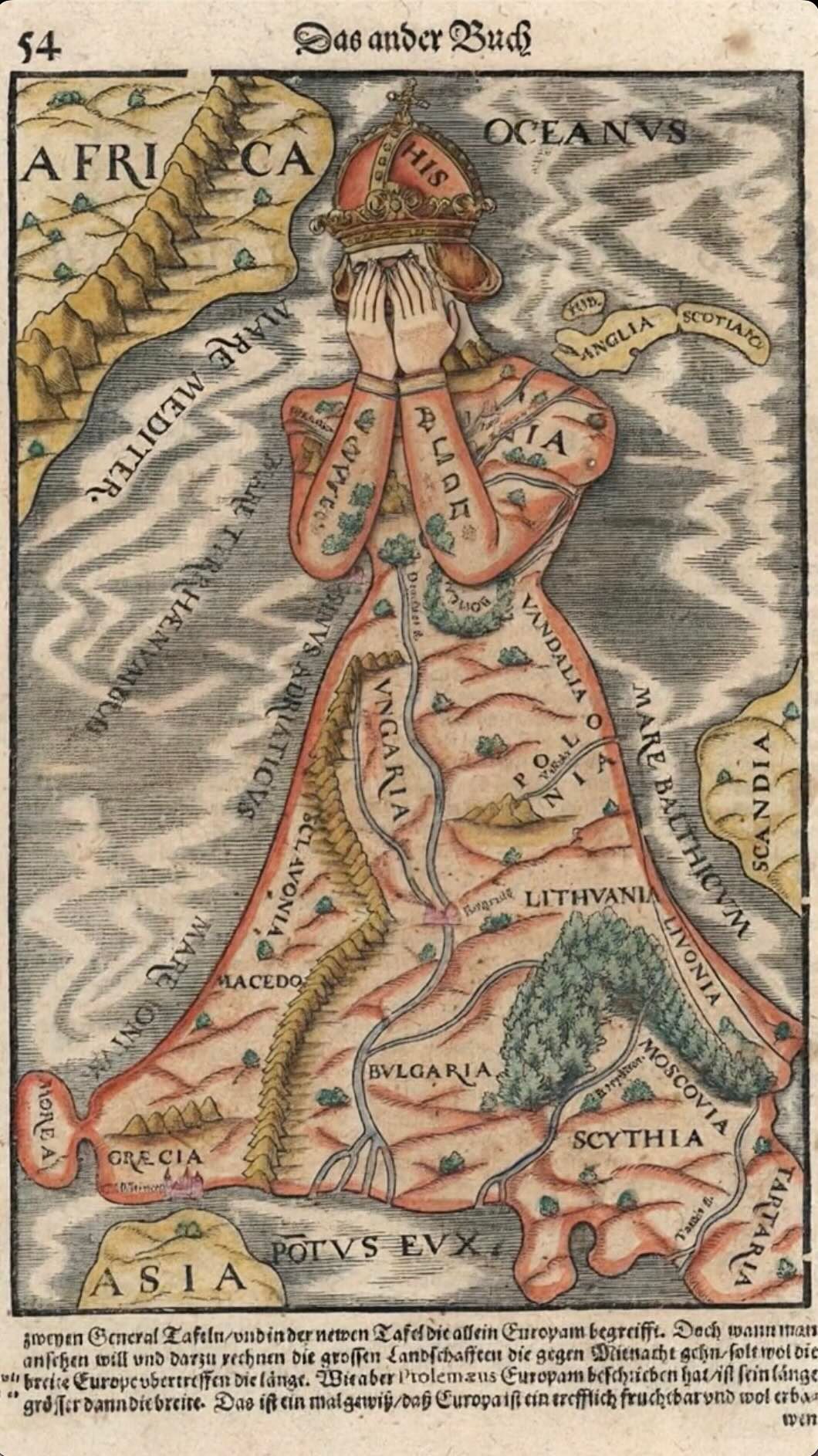 Buchseite, die eine Landkarte in Form einer Person zeigt, die ihre Hände vors Gesicht hält