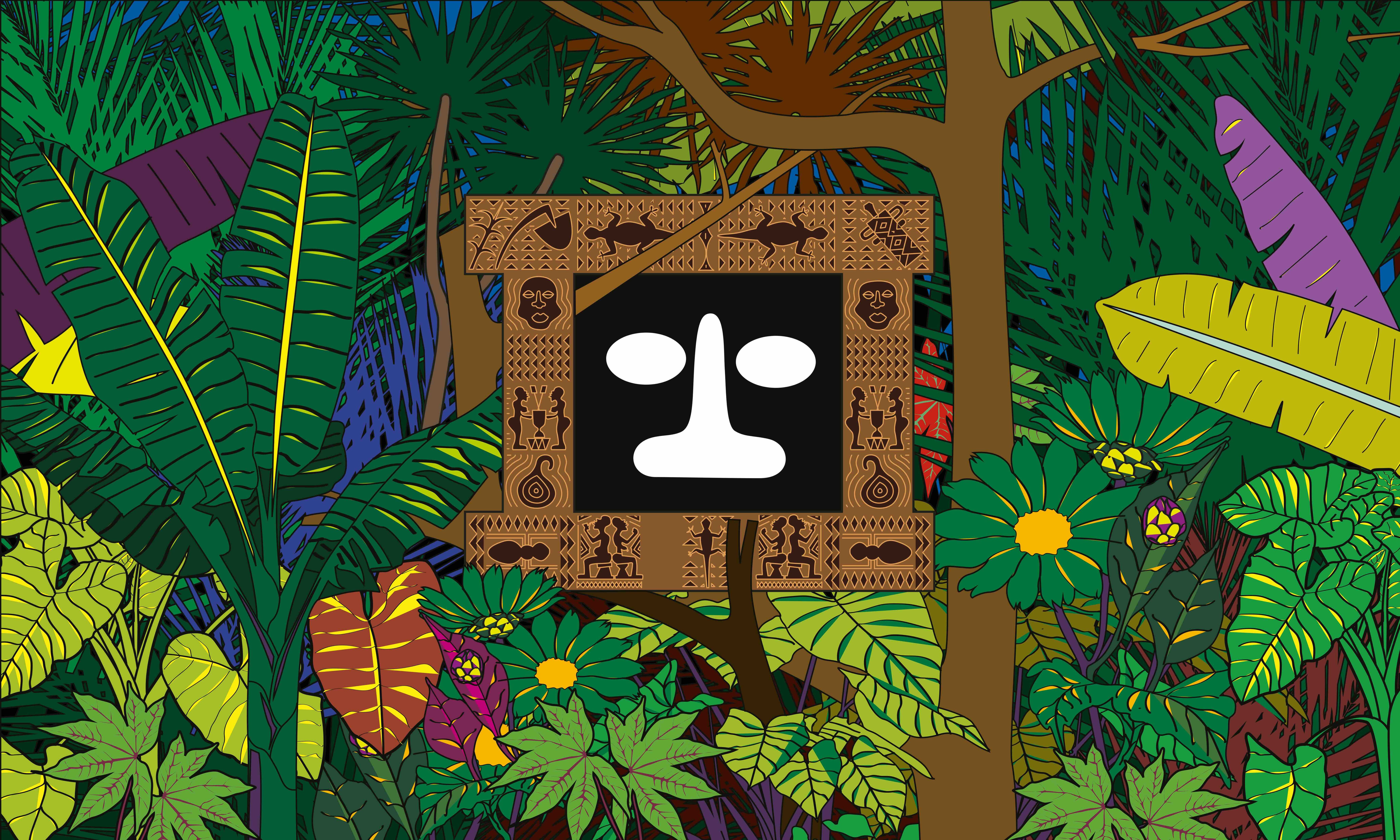 Grafik, die verschiedene Pflanzen zeigt und in der Mitte einen Rahmen mit einem verzierten Rand