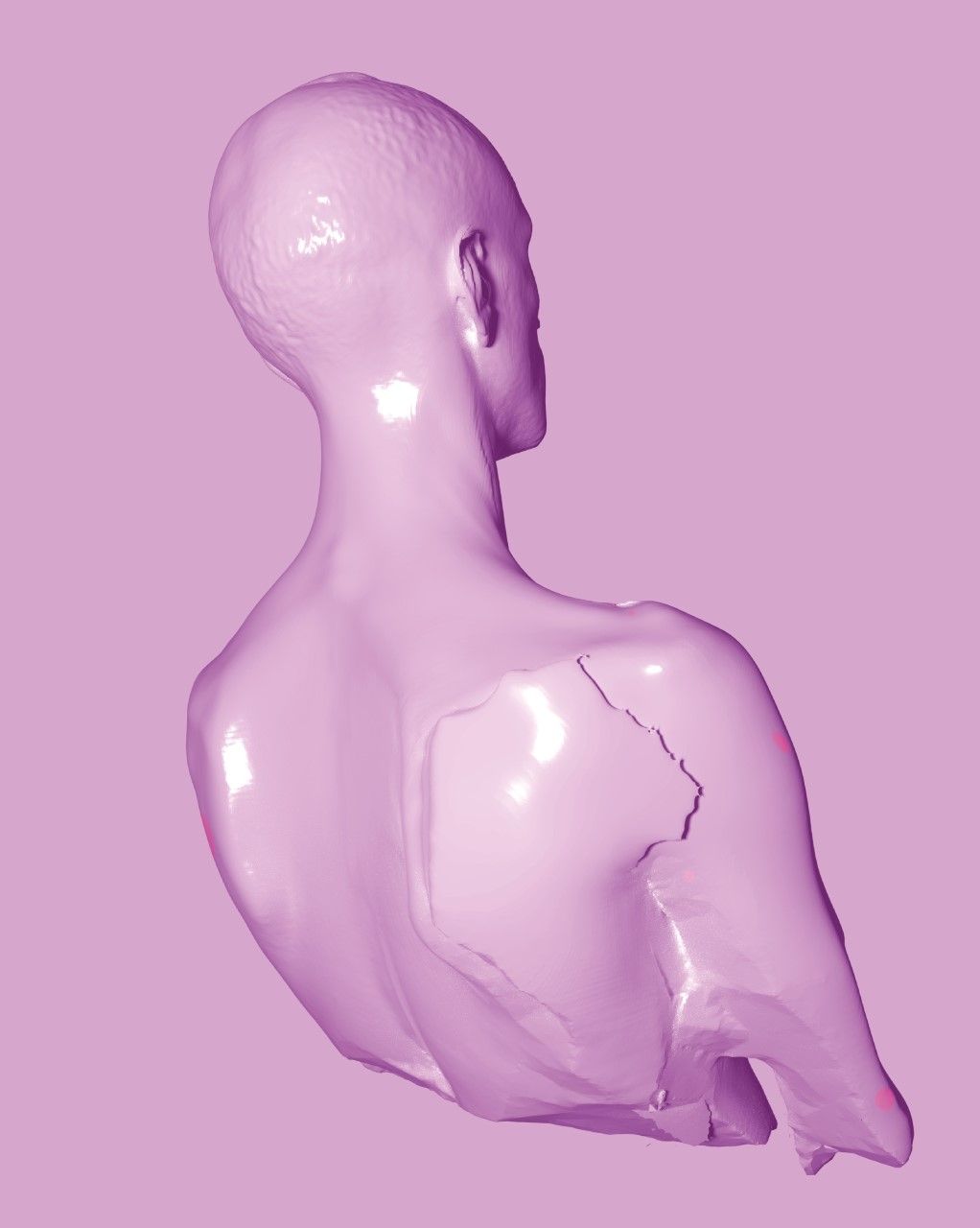 The upper body of a digital sculpture from behind. All is pink. The material seems like stone, it's breaking. The sculpture is shiny.