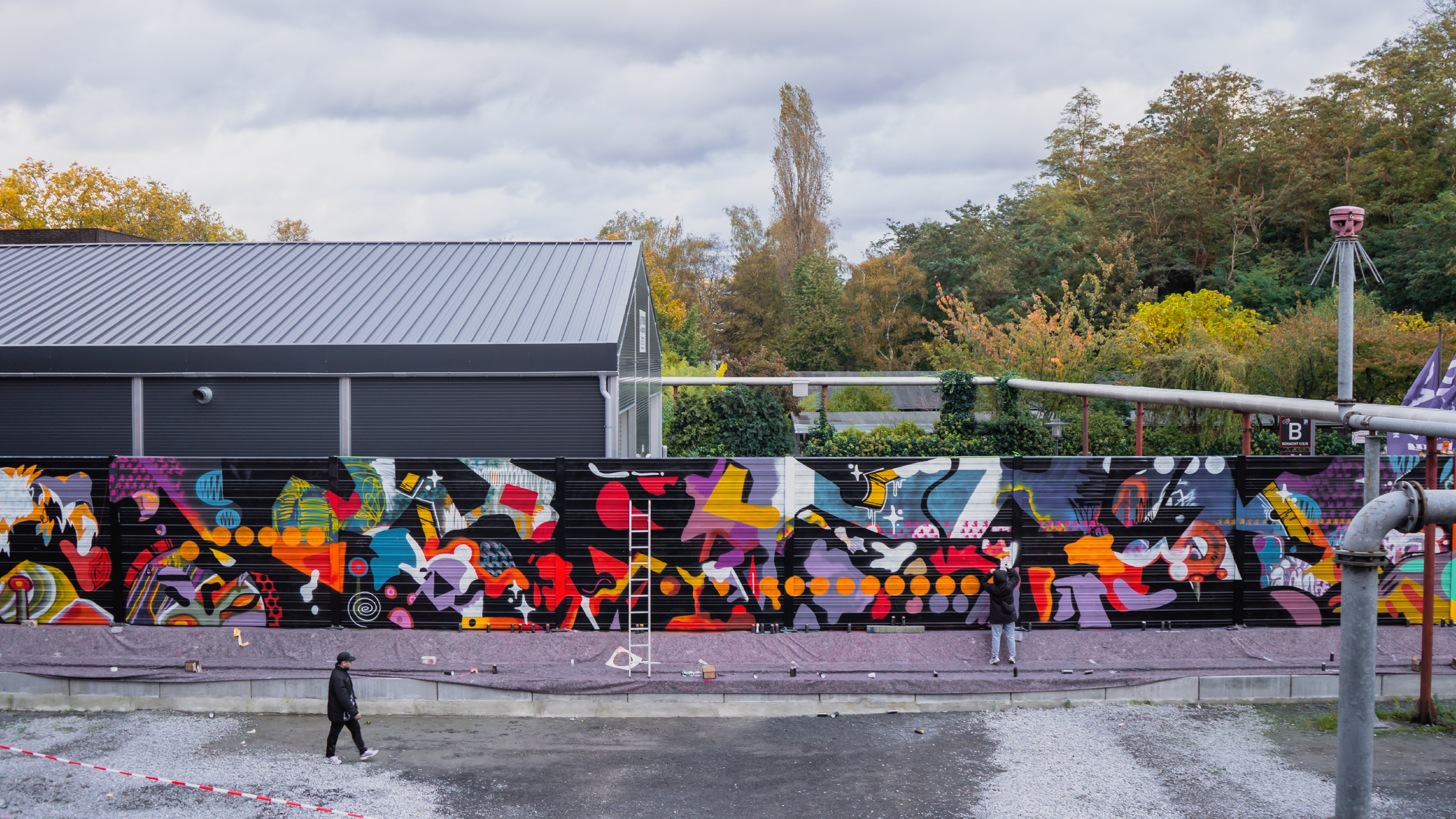 You can see a painted wall. A ladder is leaning against it and an artist is standing in front of it.